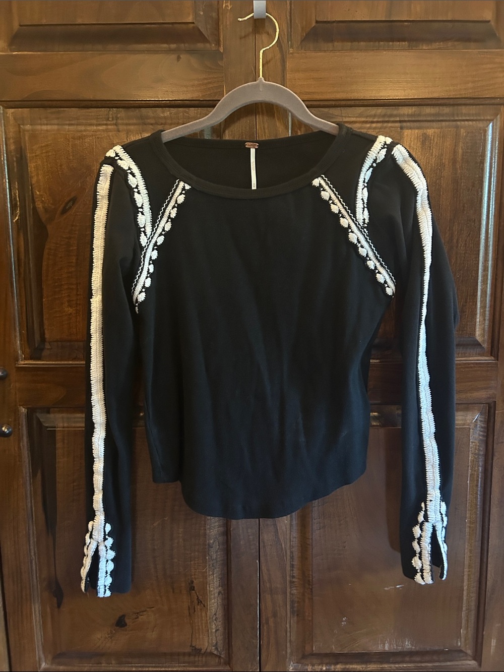 Free People Black Long Sleeve Top with White Embroidery